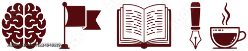 Brain, Flag, Book, Pen, and Coffee Icons Representing Ideas and Work