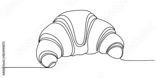 Continuous one line of a croissant, symbolizing breakfast traditions, comfort, and bakery delights, hand drawn vector illustration.