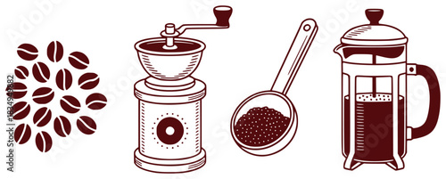 Coffee Beans, Grinder, Spoonful, and French Press Illustration