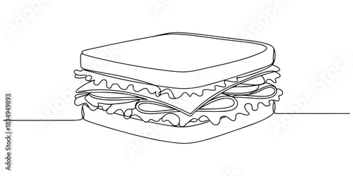 Continuous one line of a sandwich, representing convenience, daily lunch routines, and quick meals, hand drawn vector illustration.