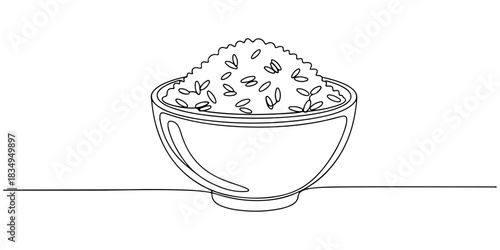 Continuous one line of a bowl of rice, symbolizing daily staples, simplicity, and nutrition, hand drawn vector illustration.