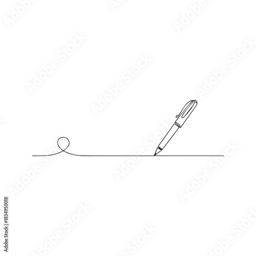 Continuous one line drawing of a pen writing a flowing line. Minimalist vector art illustration of a signature or writing concept.
