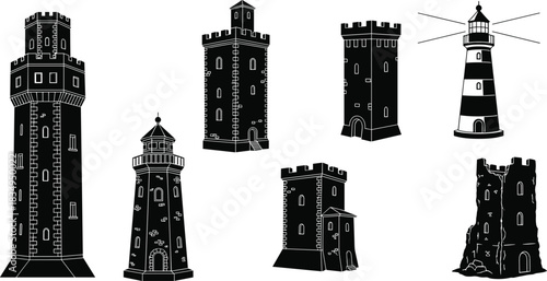 Tower silhouettes, lighthouse icons, medieval architecture, striped beacon, rocky base, black vector, building design, historical structure, coastal art, illustration clipart