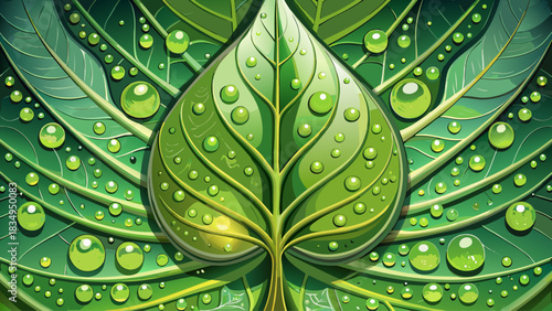 Detailed macro view of leaf veins beaded with dew droplets, creating captivating natural symmetry. Rich green palette ideal for eco branding, wellness imagery, spa visuals, and organic design themes
