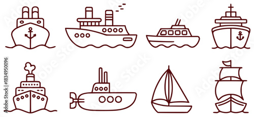 Collection of Line Art Icons Representing Various Types of Ships and Boats