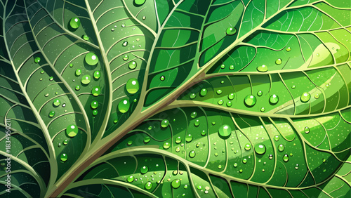 Macro close-up of a dew-covered leaf showcasing intricate vein patterns, forming mesmerizing organic geometry. Lush green tones and natural textures perfect for wellness, eco-friendly design