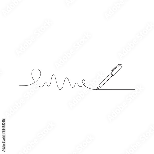 Continuous one line drawing of a pen writing a flowing line. Minimalist vector art illustration of a signature or writing concept.
