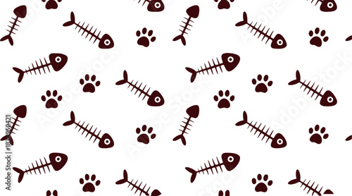 Cute Cat Paw Prints and Fish Bones Seamless Pattern Background