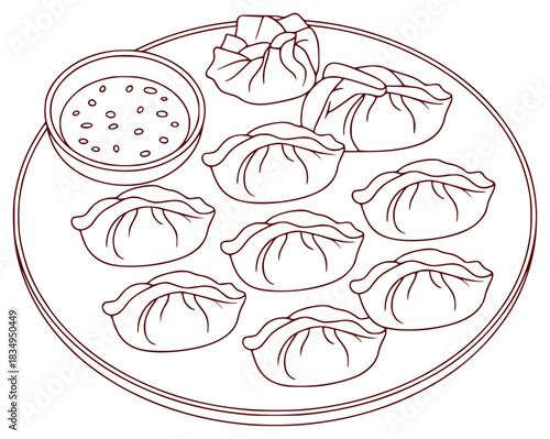 Delicious Dumplings and Dipping Sauce on a Plate - Line Art