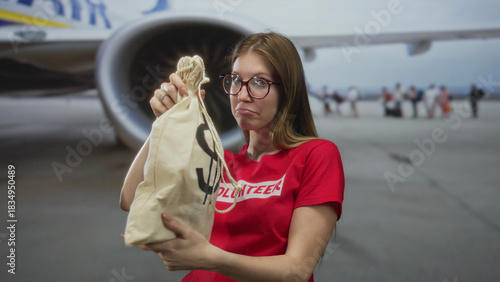 Tableau sur toile Volunteer woman in red shirt holds a canvas money bag with dollar sign in front of airplane engine at airport terminal runway; charity support