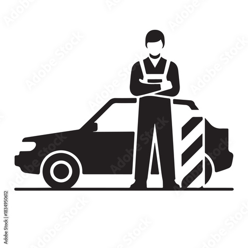 Mechanic standing next to car icon white
