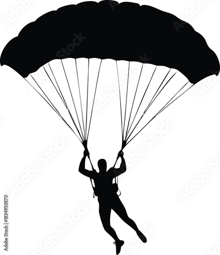 a silhouetted image showcasing a skydiver gracefully descending with open parachute high quality