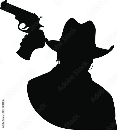 A silhouetted figure of a cowboy holding a handgun in a dramatic pose