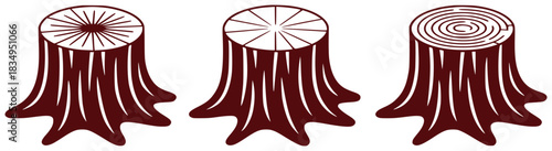 Three stylized tree stumps with different top patterns radial lines, segmented lines, and a maze