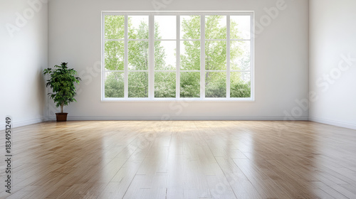 Airy bright interior with large window and single plant creating calm stillness