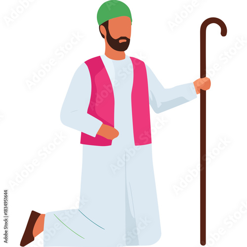 Kneeling Shepherd Man Wearing Green Cap Pink Vest and White Robe Holding Crook Stick in a Pastoral Scene