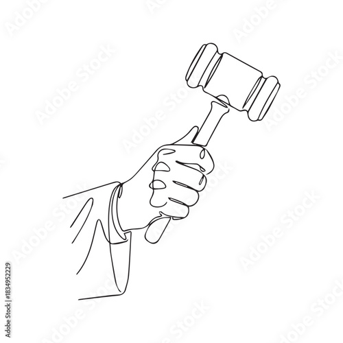 Judge hand holding gavel, continuous one line drawing. Law, justice, and court symbol in minimalist vector art style.
