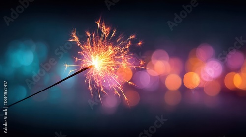 Sparkler against a blurred background of colorful bokeh lights