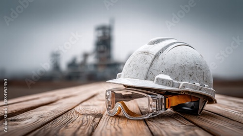 Safety gear on a wooden surface with an industrial background