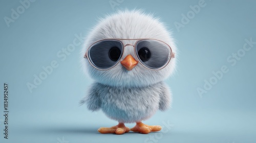 Adorable chick wearing aviator sunglasses on a soft blue background