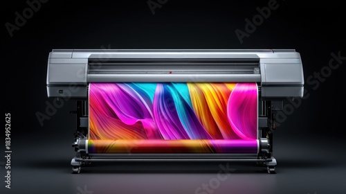 Large format printer printing colorful abstract design on a roll of paper