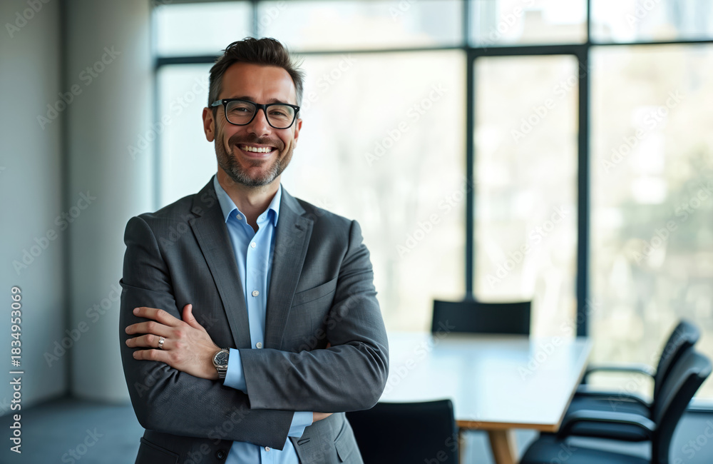 Fototapeta premium Man in suit smiles confidently. Businessman with arms crossed stands in modern office. Male pro ready for meeting. He wears glasses and a watch.