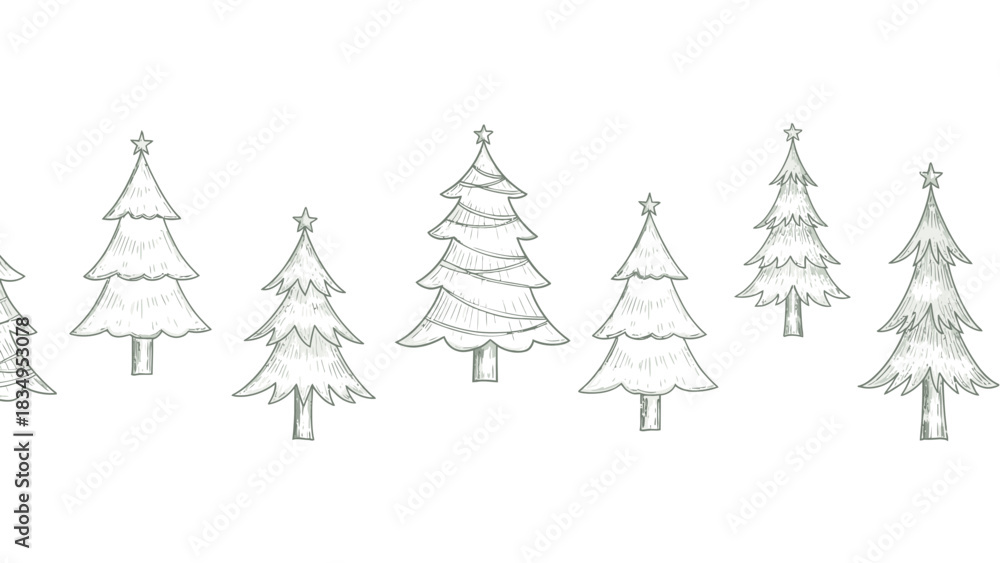 Obraz premium Hand drawn christmas trees border vector illustration seamless pattern on white