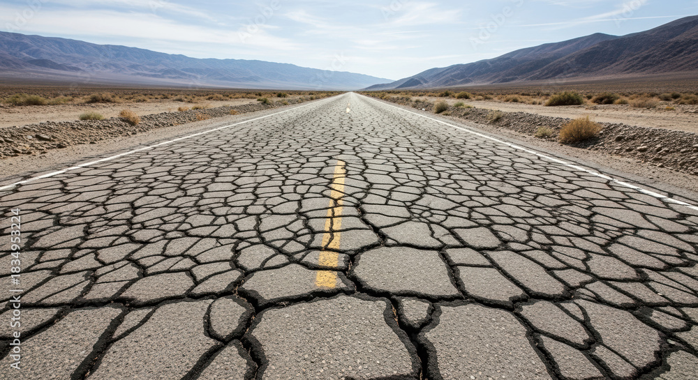 Fototapeta premium Cracked road stretches into the distance, showing wear and tear in desert environment. Cracked road reveals fissures and breaks in asphalt surface, symbolizing vulnerability and challenge.
