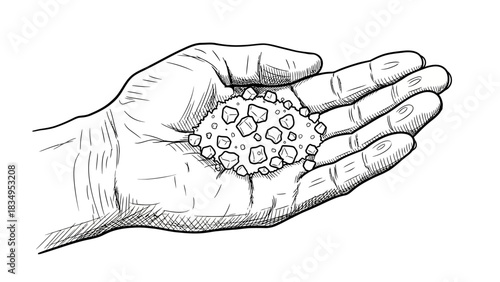 Hand Holding Salt: A Detailed Black and White Illustration of Mineral Offering