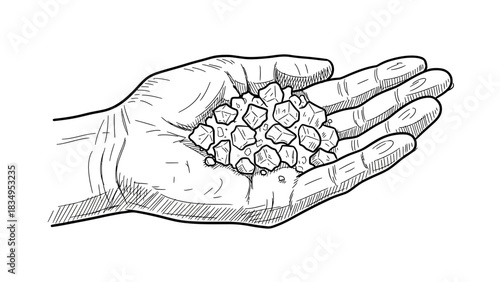 Detailed hand-drawn illustration of a hand holding a pile of crystalline stones