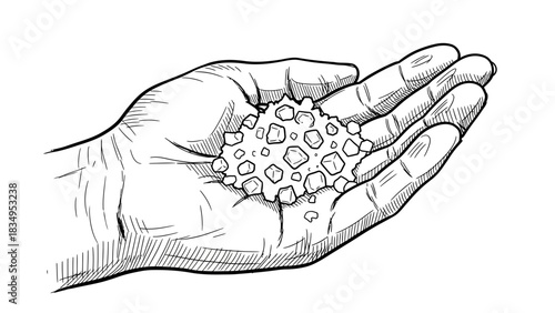 Hand Drawn Illustration of a Hand Holding a Pile of Crystals or Minerals