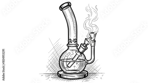 Hand drawn sketch style illustration of a water bong with smoke coming out