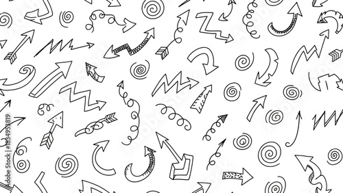 Seamless pattern with hand-drawn arrows and spirals in black on a white background