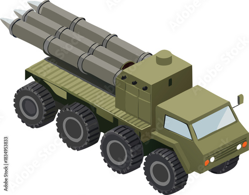 Isometric illustration depicting a military vehicle transporting multiple rocket launchers safely high quality