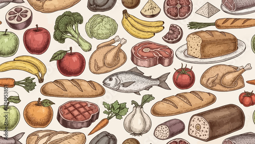 Detailed food illustration seamless pattern featuring meat, fruit, and vegetable assortments