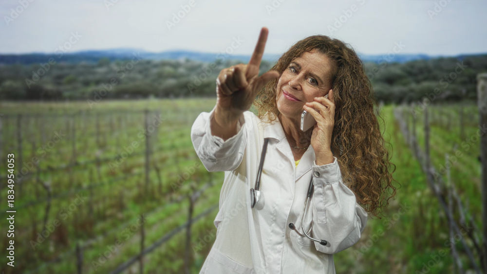 Obraz premium Woman doctor points finger to camera while holding phone and wearing stethoscope in vineyard; calm reassurance.