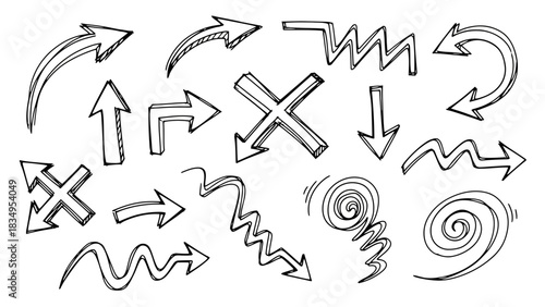 Collection of hand-drawn arrows showing different directions and movements concept