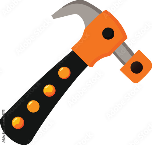 An illustration depicting a brightly colored hammer tool with an orange and black
