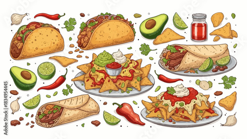 Delicious Hand-Drawn Mexican Food Illustration Featuring Tacos, Burritos, and Nachos Spread