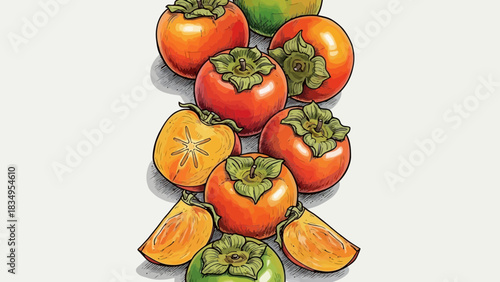 Illustration of vibrant persimmon fruits with detailed botanical elements and textures
