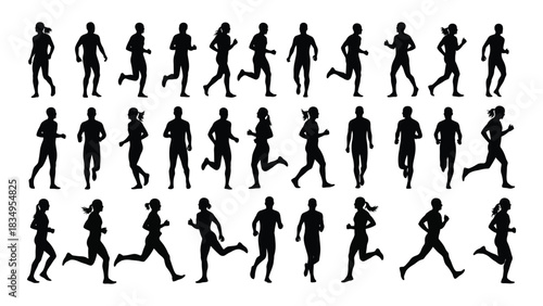 Running and walking people silhouettes isolated on white background, Vector