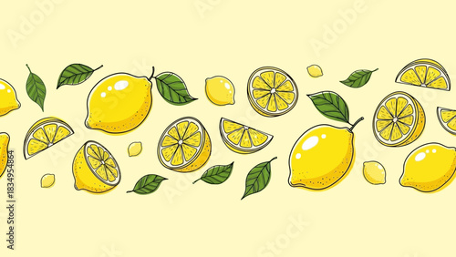 Bright and Cheerful Seamless Pattern Featuring Lemons and Leaves on a Pale Yellow Background