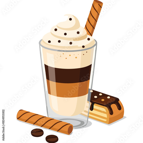 Layered Coffee Drink With Whipped Cream Chocolate Shavings and Wafer Cookies Next to a Slice of Cake and Coffee Beans on a White Background