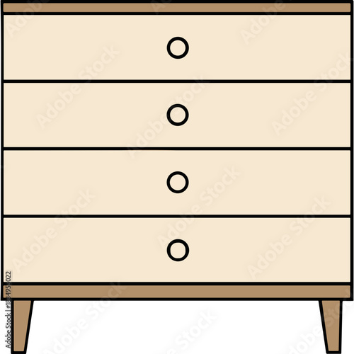 Light Beige Four Drawer Dresser With Round Knobs On Tapered Wooden Legs Simple Furniture Design On Black Background