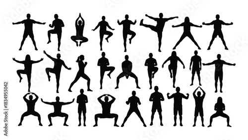 Various fitness and exercise silhouettes isolated on white background, Vector