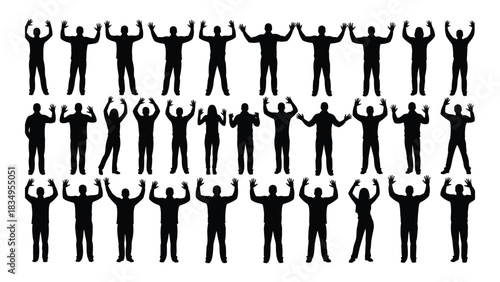 Collection of people silhouettes with raised hands isolated on white background, Vector