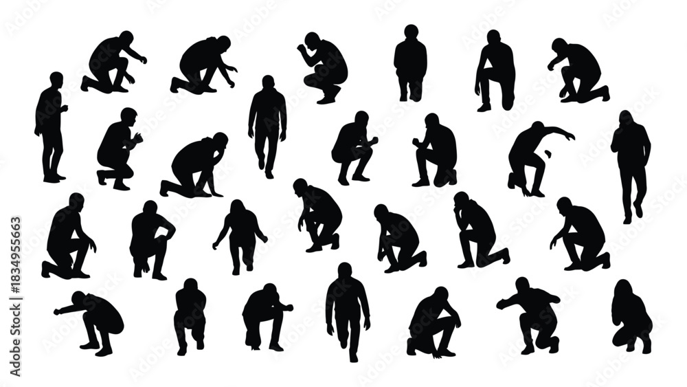 Naklejka premium Collection of human silhouettes in kneeling, crouching, and bending poses isolated on white background, Vector