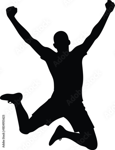 A triumphant silhouette of a person jumping with arms raised in celebration high-quality