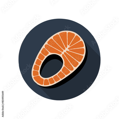 A graphic illustration of a raw salmon steak with vibrant orange flesh and white fat lines isolated on white background