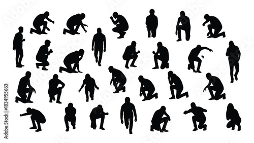 Collection of human silhouettes in kneeling, crouching, and bending poses isolated on white background, Vector